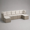 Divano da giardino modulare a 5 posti in resina intrecciata PE e acciaio, set di 7 moduli in U con cuscini, talpa e bianco rotto, 320 × 140 × 74 cm