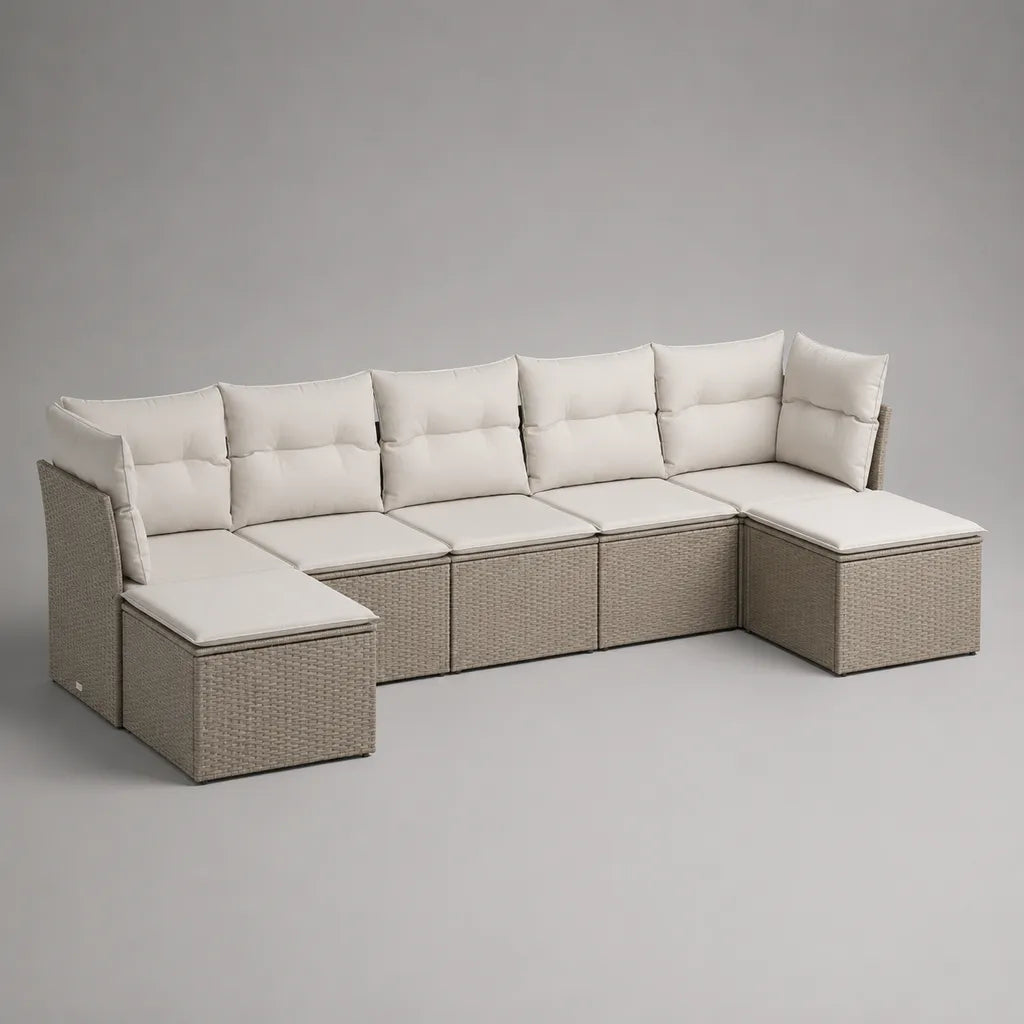 Divano da giardino modulare a 5 posti in resina intrecciata PE e acciaio, set di 7 moduli in U con cuscini, talpa e bianco rotto, 320 × 140 × 74 cm