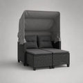 Divano esterno 2 sedili con tenda regolabile e 2 poggiapiedi in resina intrecciata PE antracite grigia, 132 × 138 × 165 cm