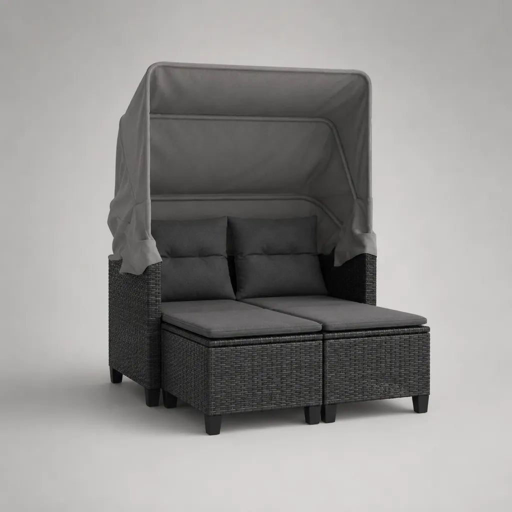 Divano esterno 2 sedili con tenda regolabile e 2 poggiapiedi in resina intrecciata PE antracite grigia, 132 × 138 × 165 cm
