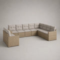 Divano da giardino modulare a 8 posti in resina intrecciata e acciaio, a forma di U, beige e griglia, 294 × 220 × 74 cm