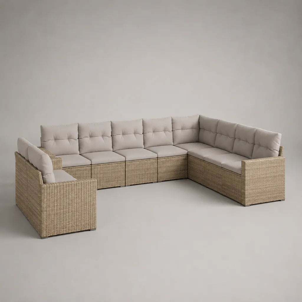 Divano da giardino modulare a 8 posti in resina intrecciata e acciaio, a forma di U, beige e griglia, 294 × 220 × 74 cm