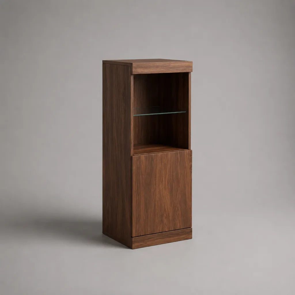 Piano rettangolare a buffet in legno marrone noce con nicchia aperta, porta vetro e tablet, 45 × 40 × 120 cm