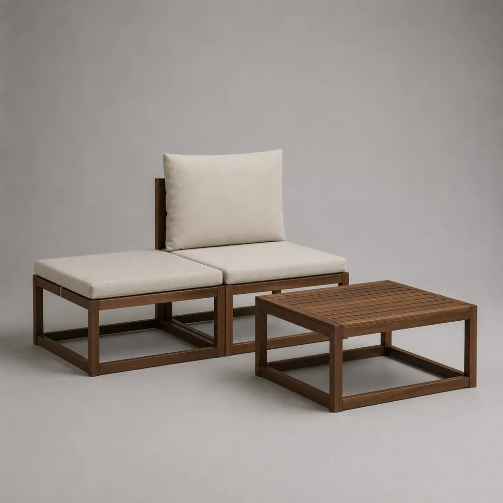 Set da giardino modulabile 3 pezzi in legno massiccio marrone con cuscini ecru, divano 2 posti 136 × 68 × 65 cm e tavolino 68 × 68 × 35 cm