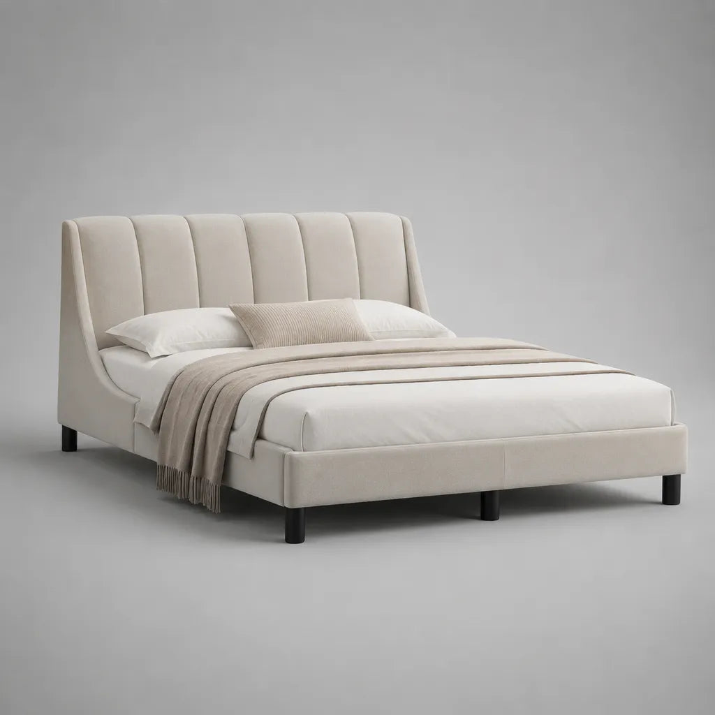 Letto matrimoniale imbottito in poliestere beige e nero, letto 160 × 200 cm, dimensioni 180 × 220 × 110 cm