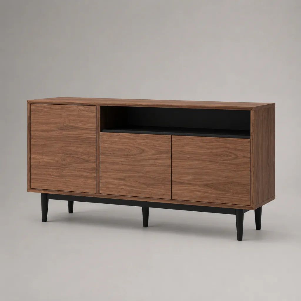 Credenza bassa a 3 porte con nicchia aperta in noce placcato MDF e acciaio nero, 150 × 40 × 80 cm