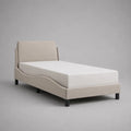 Telaio singolo imbottito in velluto beige e metallo nero con letto con latte, letto 90 × 200 cm, dimensioni 215 × 100 × 105 cm
