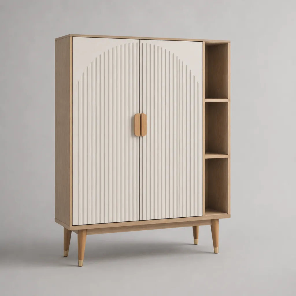 2 porte e 3 nicchia MDF piano rettangolare buffet e pannelli in melamina, bianco rotto e rovere chiaro, 120 × 40 × 140 cm
