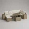 Angolo esterno giardino 6 posti in resina intrecciata e acciaio, talpa e bianco rotto, 260 × 200 × 74 cm, tavolo estraibile 120 × 70 cm
