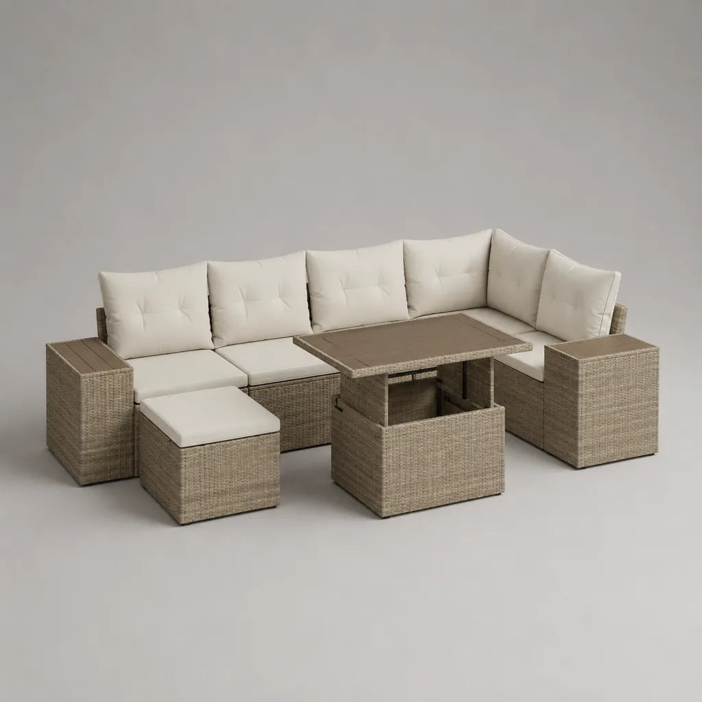 Angolo esterno giardino 6 posti in resina intrecciata e acciaio, talpa e bianco rotto, 260 × 200 × 74 cm, tavolo estraibile 120 × 70 cm