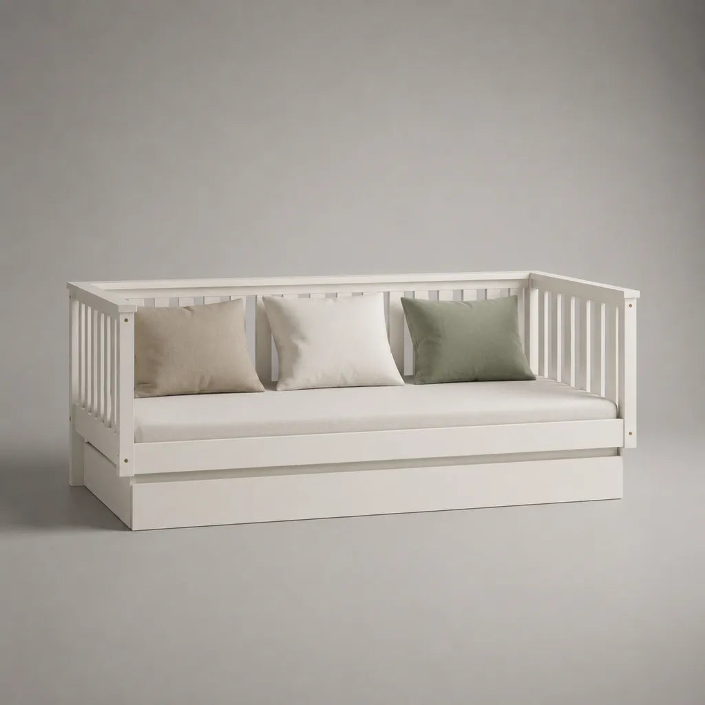Letto rettangolare in pino massiccio e bianco MDF con materasso, stoccaggio e stoccaggio, letto 90 × 200 cm