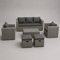 Mobili da giardino 6 camere in resina grigia intrecciata con cuscini antracite, divano 182 × 72 × 75 cm, poltrone, pouf e tavolo 100 × 55 × 40 cm