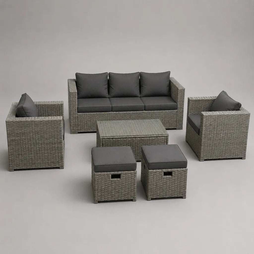 Mobili da giardino 6 camere in resina grigia intrecciata con cuscini antracite, divano 182 × 72 × 75 cm, poltrone, pouf e tavolo 100 × 55 × 40 cm