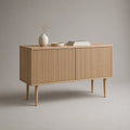 Buffet rettangolare a 2 porte in MDF e legno massello, rovere leggero e dorato, 140 × 40 × 80 cm