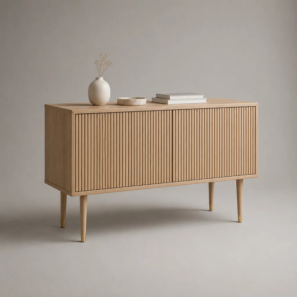 Buffet rettangolare a 2 porte in MDF e legno massello, rovere leggero e dorato, 140 × 40 × 80 cm