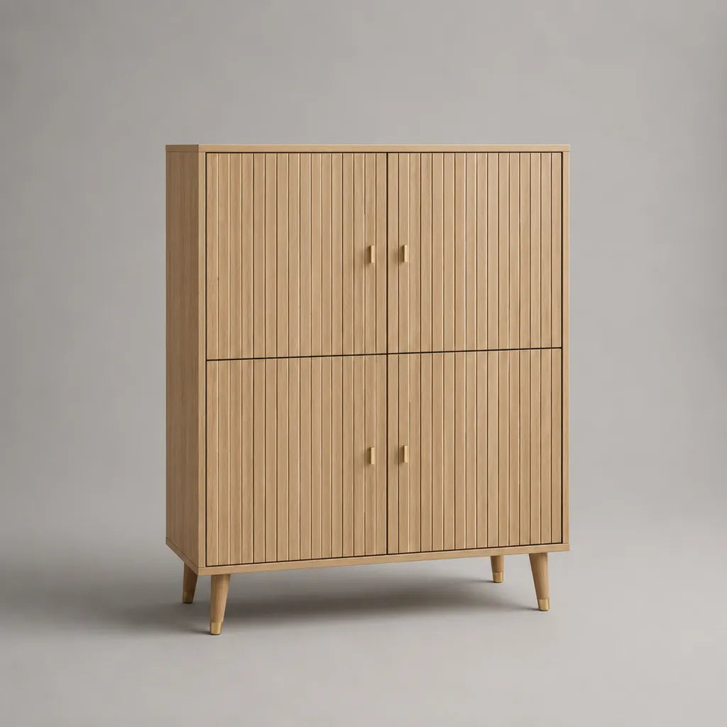 Armadio alto 4 porte in pannelli MDF, rovere, rovere naturale e ottone, 100 × 40 × 130 cm
