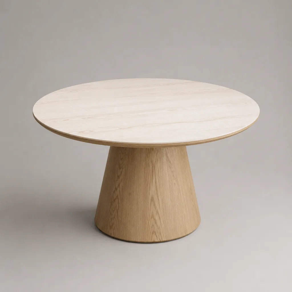 Tavolo da pranzo rotondo in rovere MDF, vassoio a effetto marmo bianco, Ø 120 × H 75 cm