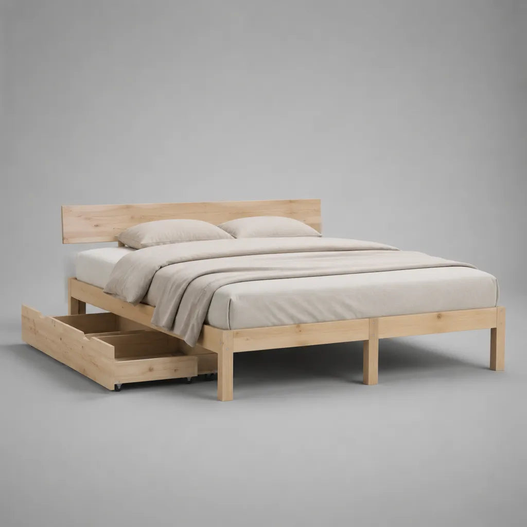 Letto matrimoniale in legno con cassetto e latte, legno naturale leggero, 209 × 168 × 100 cm, letto 160 × 200 cm