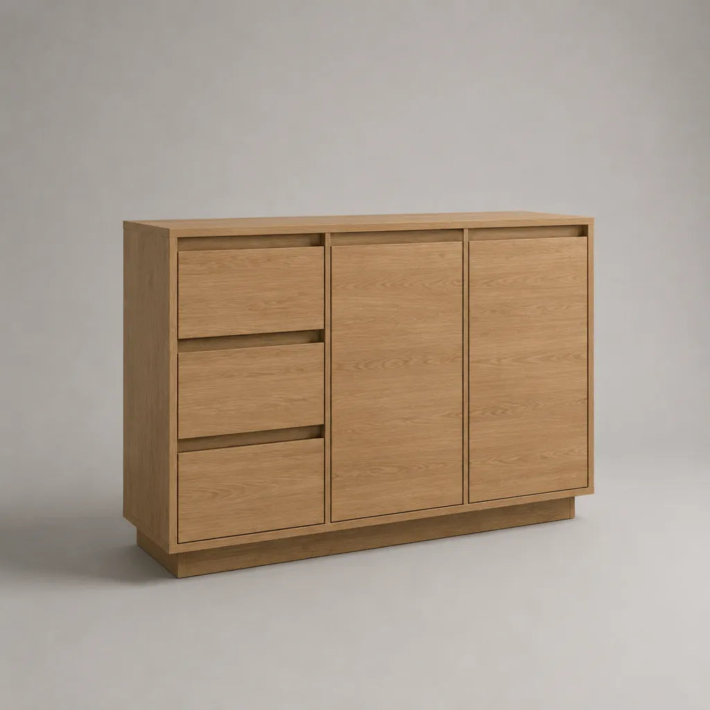 Buffet rettangolare basso in rovere naturale MDF con 2 porte e 3 cassetti, 120 × 40 × 90 cm