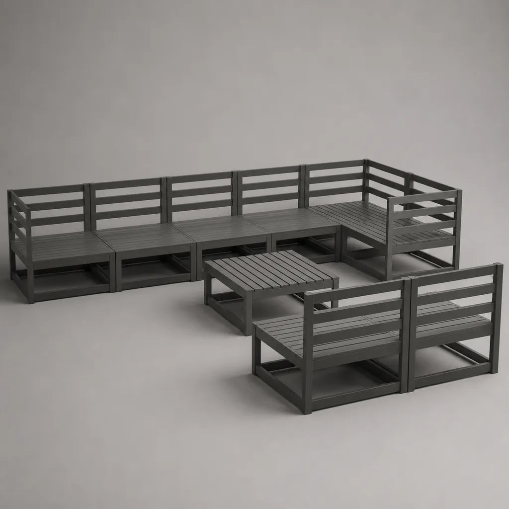 Salone da giardino modulare 7 camere in legno grigio antracite, 6 posti a sedere, 272 × 207 × 62 cm, tavolino 65 × 65 × 32 cm