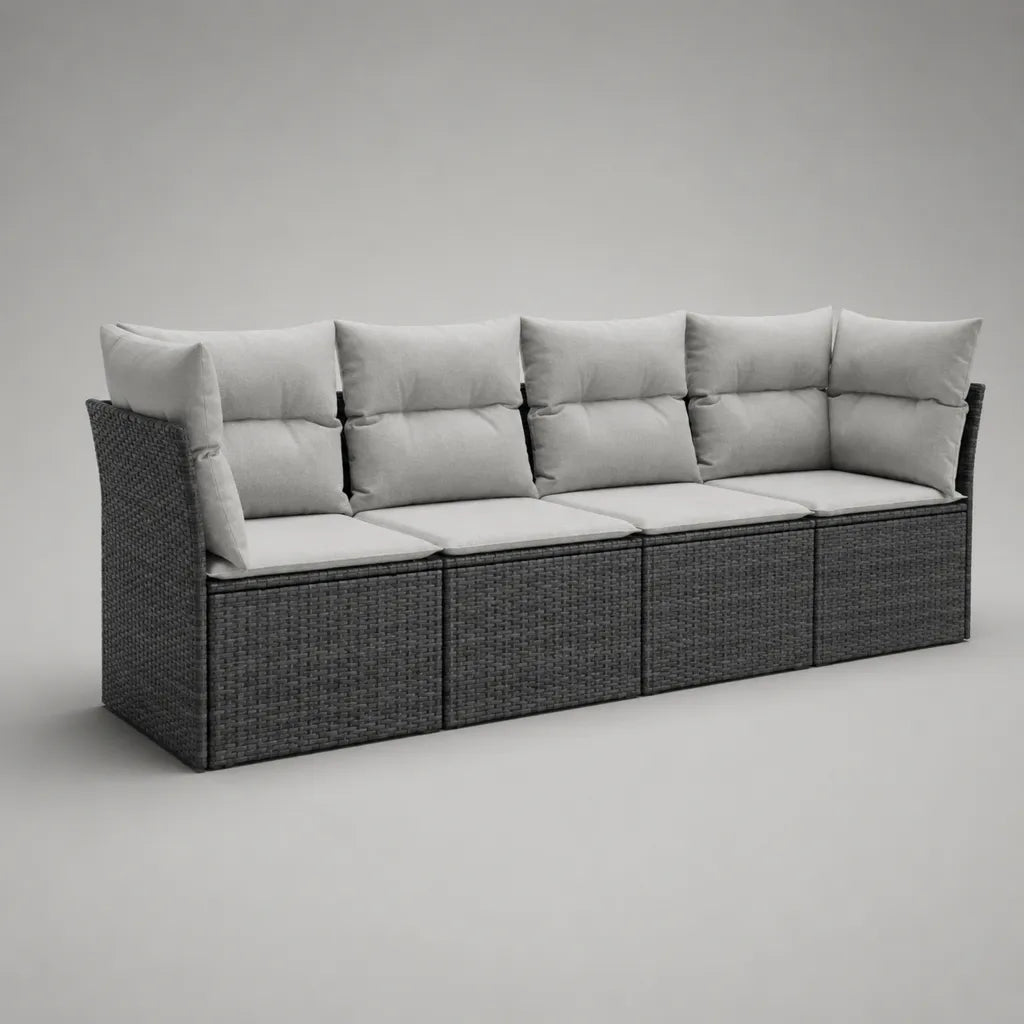 Divano rettilineo modulare a 4 posti in resina intrecciata PE e acciaio, grigio antracite e grigio chiaro, 280 × 70 × 85 cm