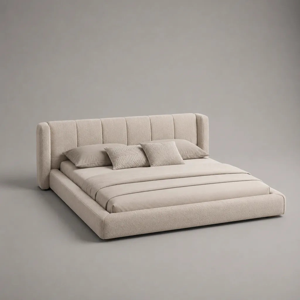 Letto matrimoniale imbottito in tessuto riccio beige, letto 180 × 200 cm, letto testata e letto con latte, 228 × 225 × 105 cm