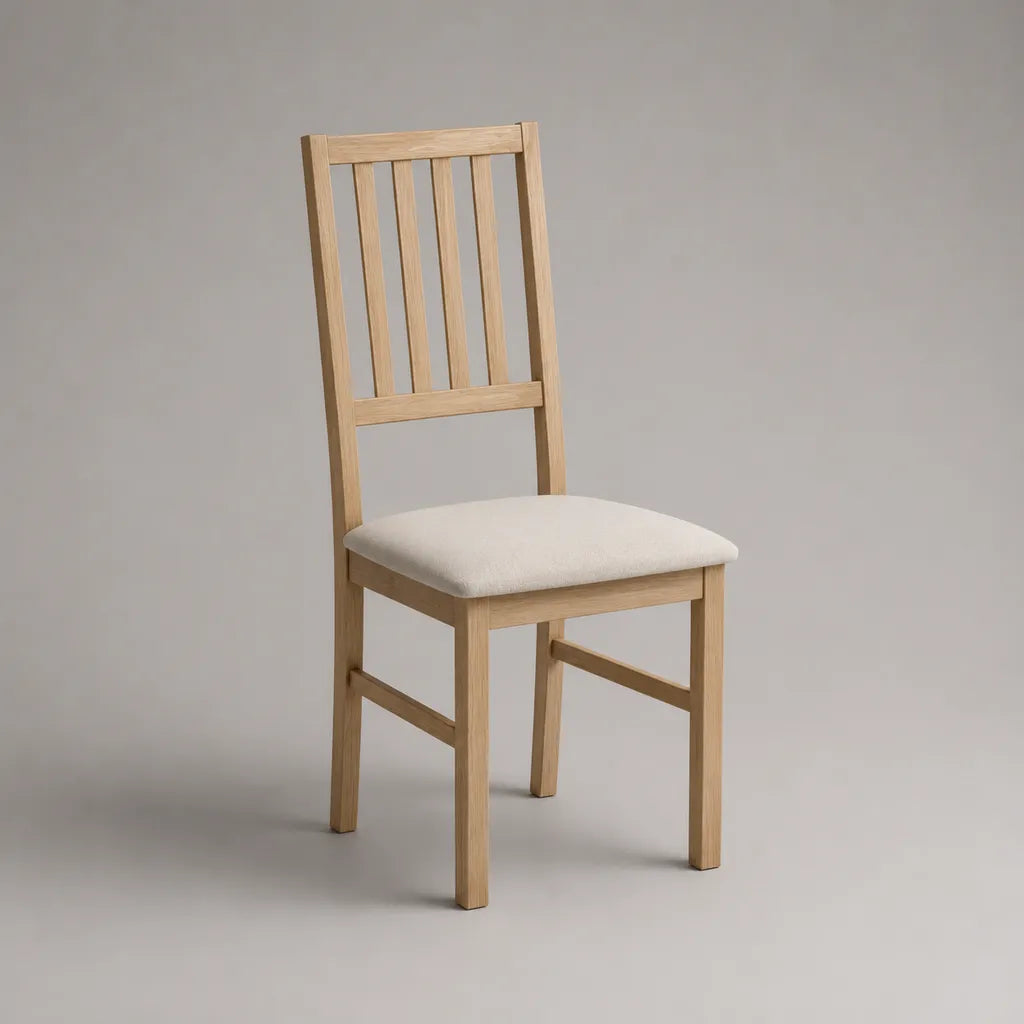 Sedia in legno naturale imbottita, seduta bianca rotta, 44 × 50 × 93 cm