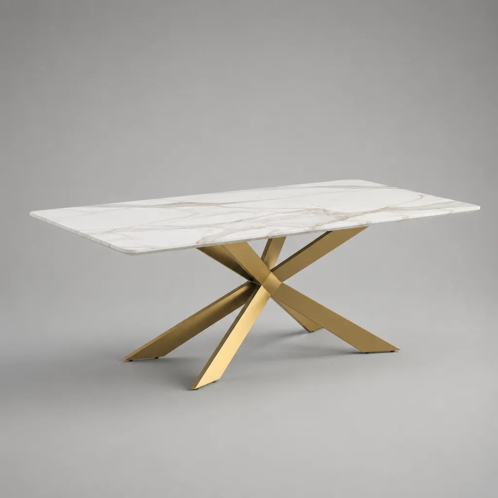 Tavolo da pranzo rettangolare in ceramica effetto marmo bianco e metallo oro, 160 × 90 × 75 cm