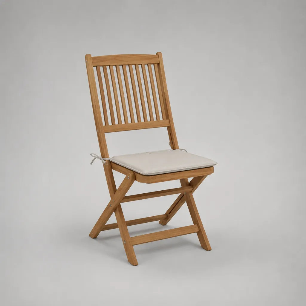 Sedia da giardino pieghevole in legno con cuscino ecru, marrone naturale, 47 × 58 × 89 cm