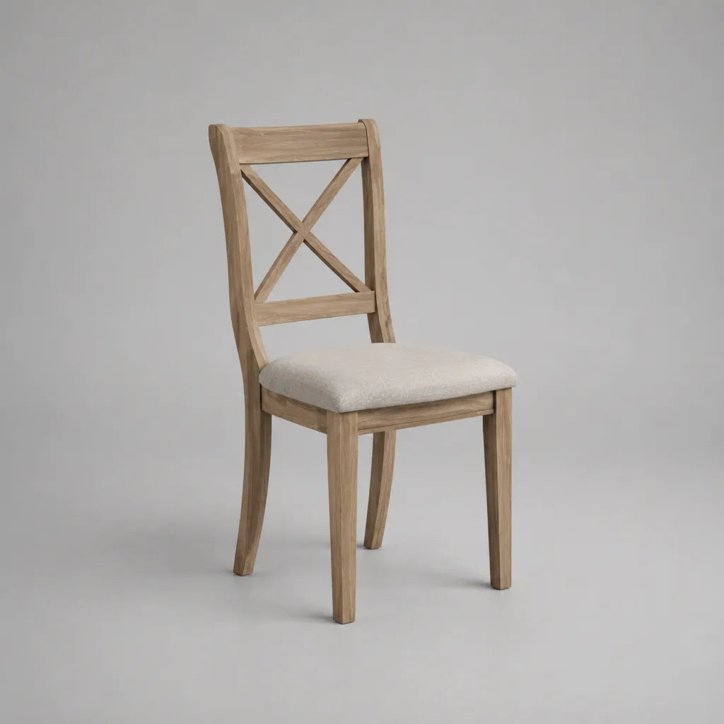 Sedia da pranzo in legno massello, seduta imbottita beige, schienale incrociato, legno naturale leggero, 46 × 52 × 96 cm