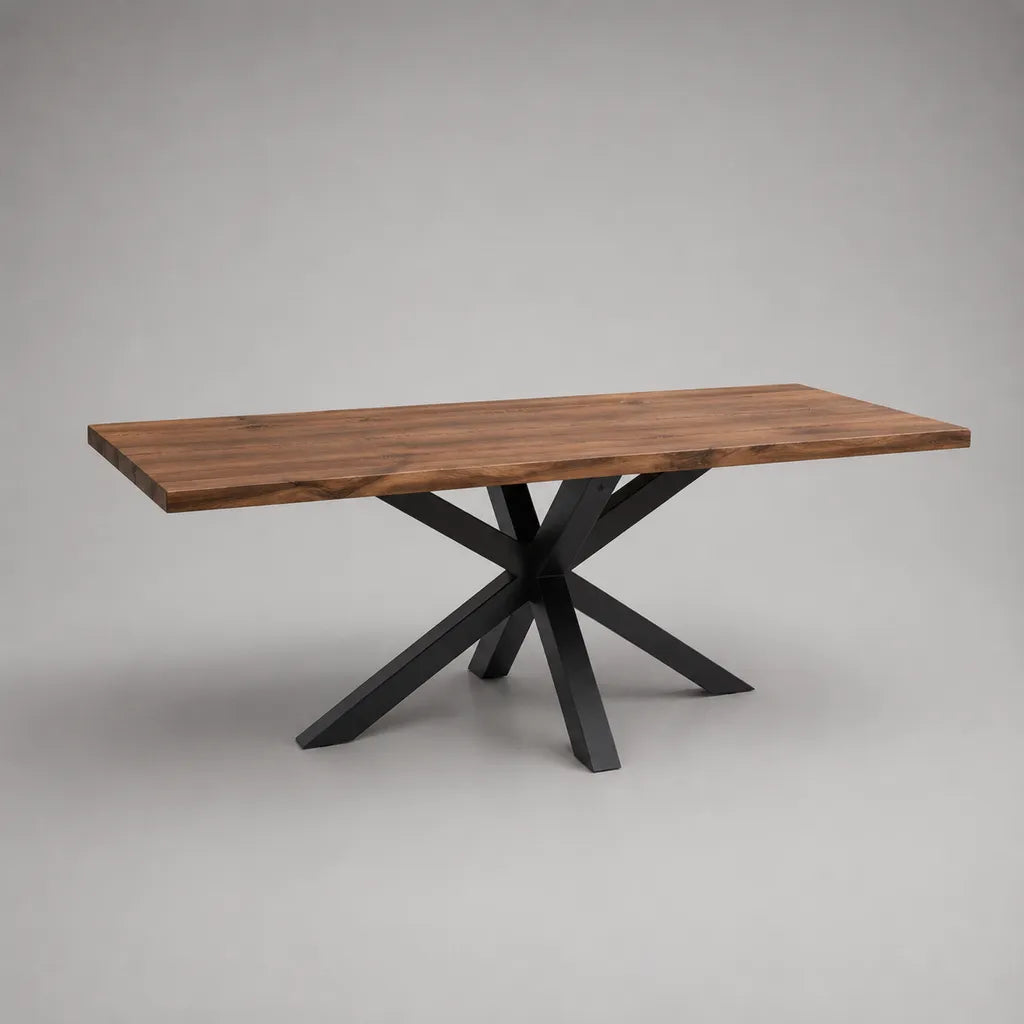 Tavolo da pranzo rettangolare in legno massello e acciaio nero, 180 × 90 × 76 cm, marrone naturale