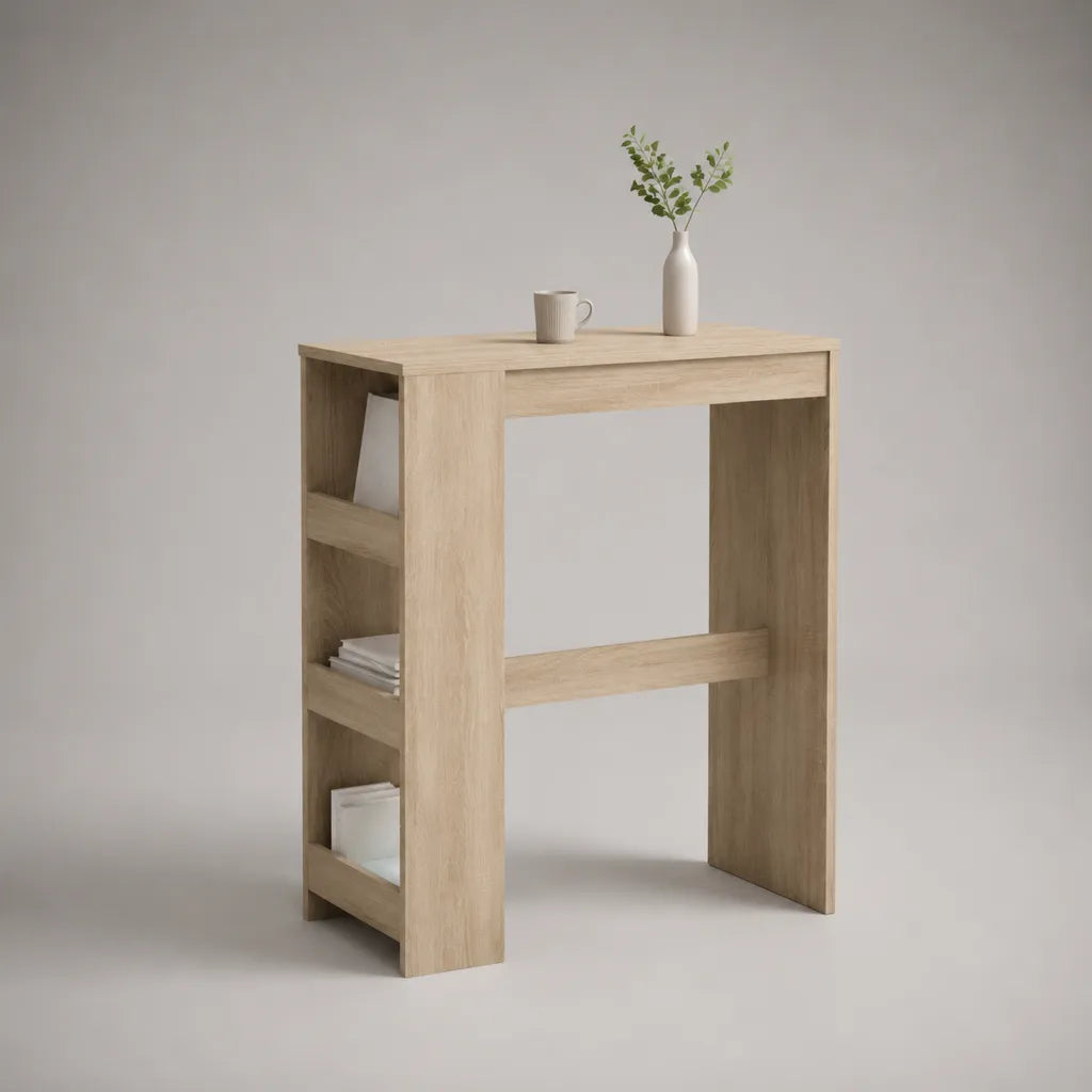 Tavolo barra rettangolare in legno con ripiani laterali, rovere leggero, 100 × 40 × 105 cm