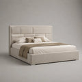 Letto matrimoniale imbottito in poliestere beige chiaro con testata di pannello, letto 160 × 200 cm, dimensioni 220 × 180 × 120 cm