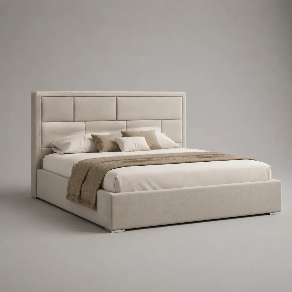 Letto matrimoniale imbottito in poliestere beige chiaro con testata di pannello, letto 160 × 200 cm, dimensioni 220 × 180 × 120 cm