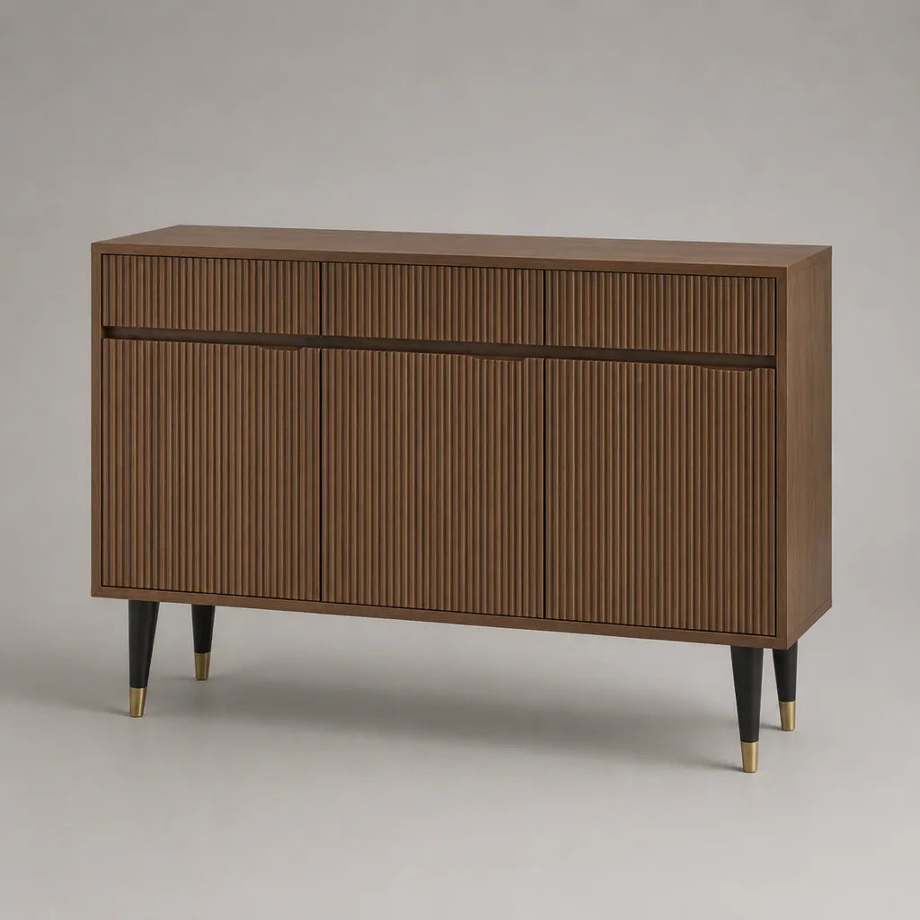 Ripostiglio MDF in noce marrone con 3 porte e 3 cassetti, 140 × 40 × 90 cm