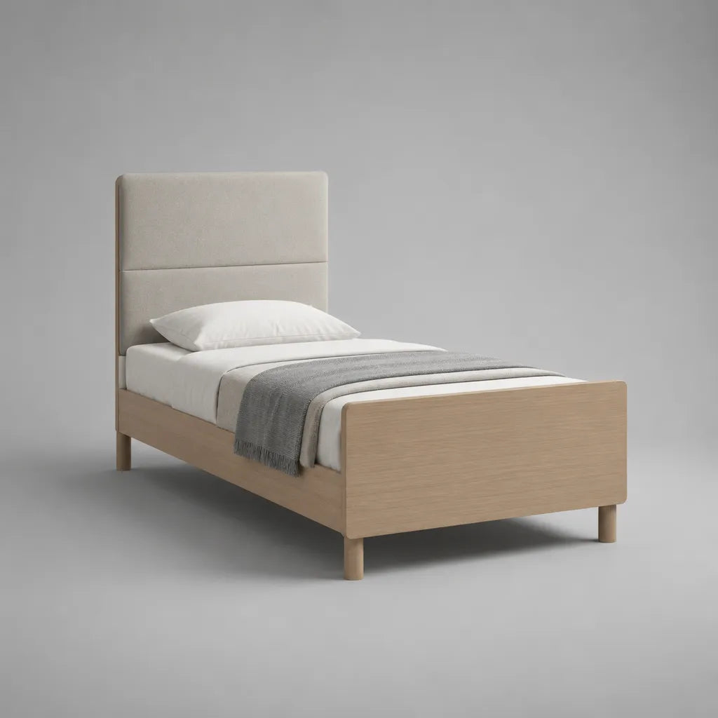Letto singolo 90 × 200 cm in legno con testa di letto imbottita beige e struttura in rovere naturale