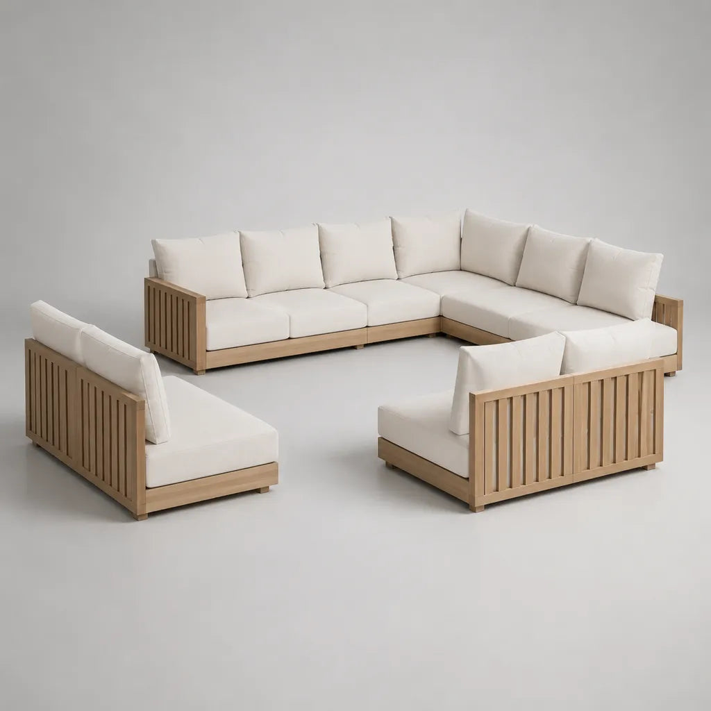 Giardino esterno 4 camere 9 posti a sedere in legno e tessuto, marrone chiaro ed ecru, 310 × 310 × 80 cm