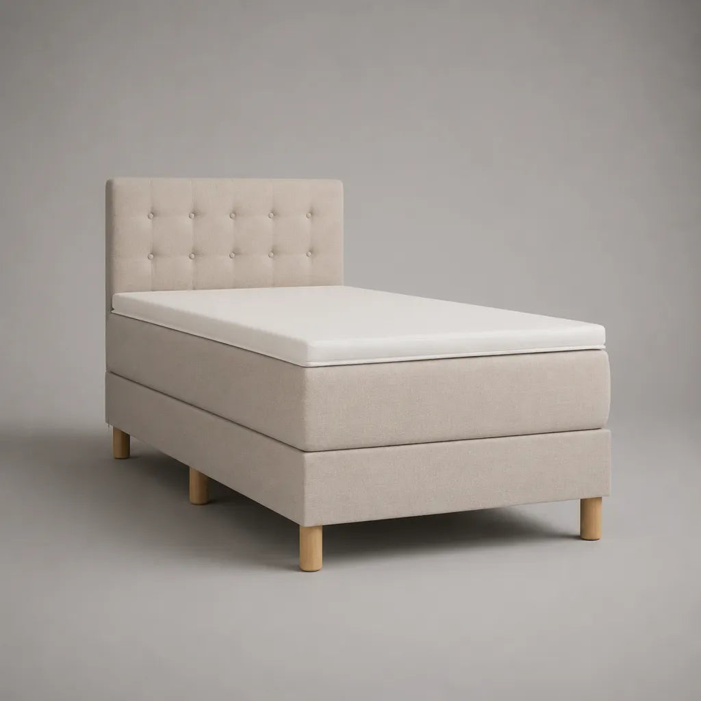 Letto continentale monoposto in tessuto beige con materassi, materassi e testiera imbottita, letto 90 × 200 cm