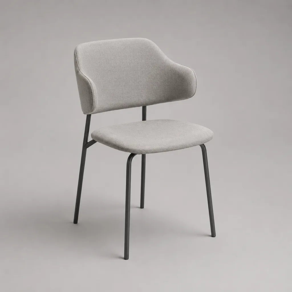 Sedia imbottita in poliestere grigio chiaro con braccioli e piedi in acciaio nero, 56 × 58 × 82 cm