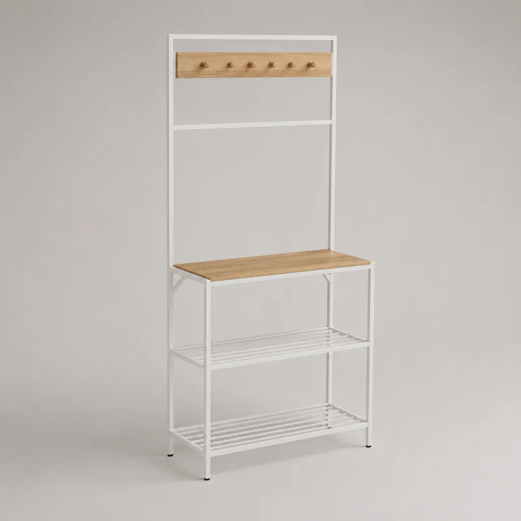 Portacolpi con tavoletta e stoccaggio scarpe in acciaio bianco e legno, 80 × 35 × 180 cm