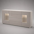 Buffet bahut bianco MDF e vetro temperato con illuminazione a LED, 4 cassetti e 2 nicchie vetrate, 180 × 40 × 85 cm