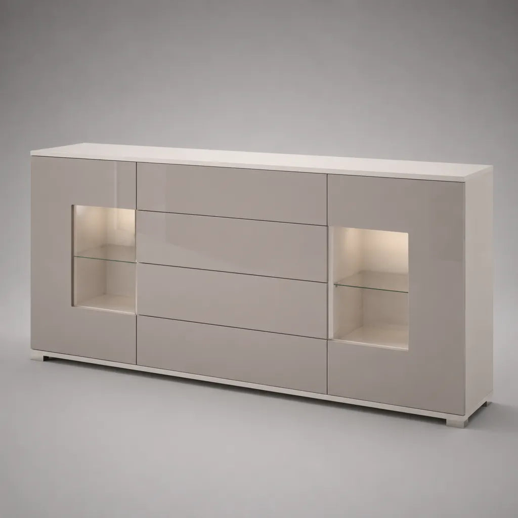 Buffet bahut bianco MDF e vetro temperato con illuminazione a LED, 4 cassetti e 2 nicchie vetrate, 180 × 40 × 85 cm