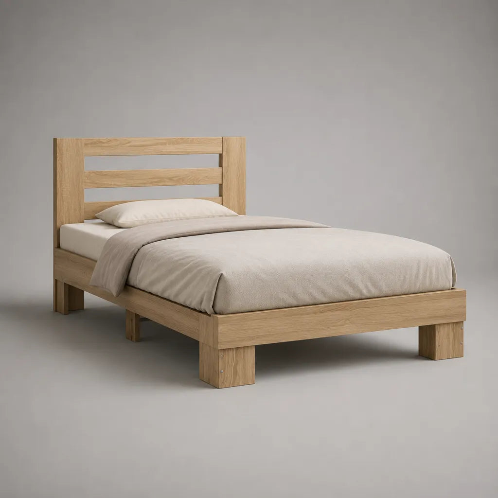 Letto singolo 90 × 190 cm in rovere massello naturale con testata di latte, dimensioni 200 × 100 × 100 cm