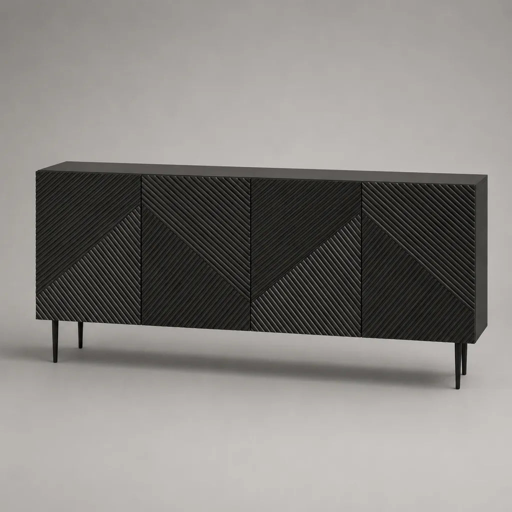 Set di 4 pezzi – Buffet rettangolare nero a quattro porte in manico massiccio e acciaio, 180 × 40 × 80 cm
